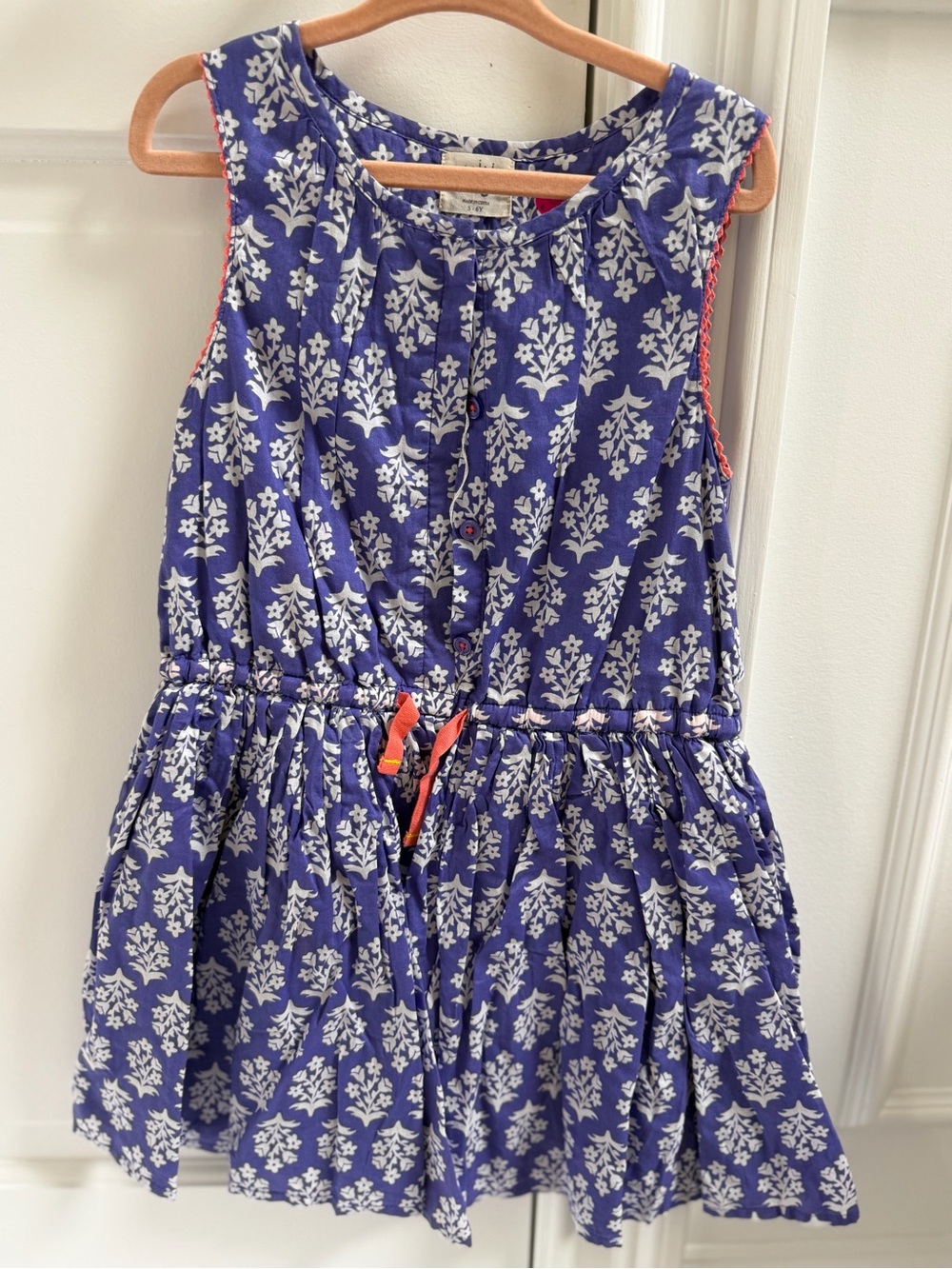 Boden Blue and White Floral Sleeveless Cotton Dress with Coral Trim